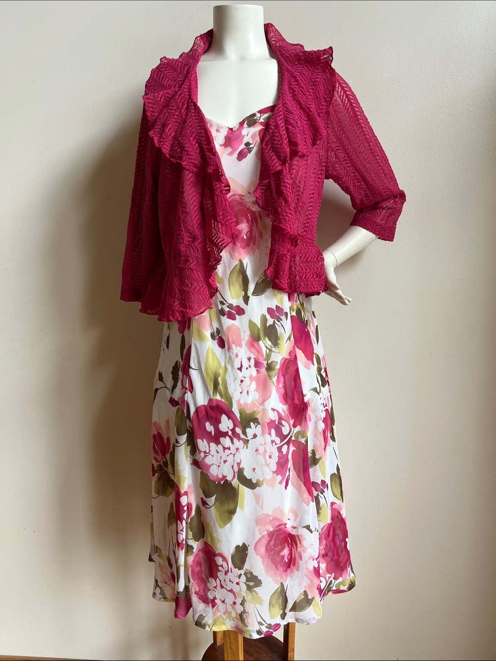 Floral Midi Dress with Fuchsia Knit Bolero